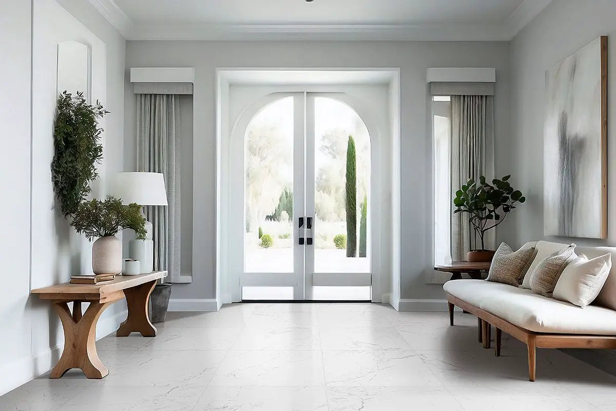 Pietra Carrara Matte Marble Look Porcelain Tiles 24x24 in a finished room