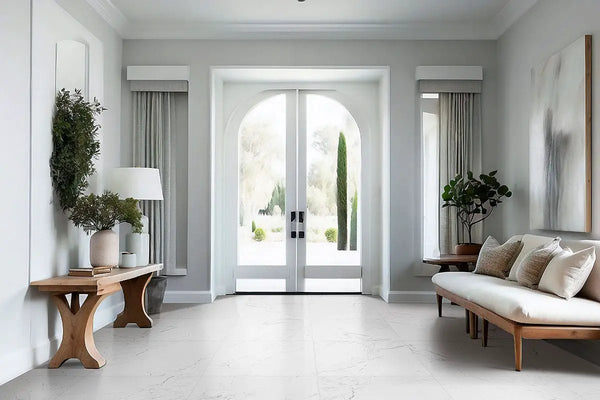 Pietra Carrara Matte Marble Look Porcelain Mosaics 2x2 in a finished room