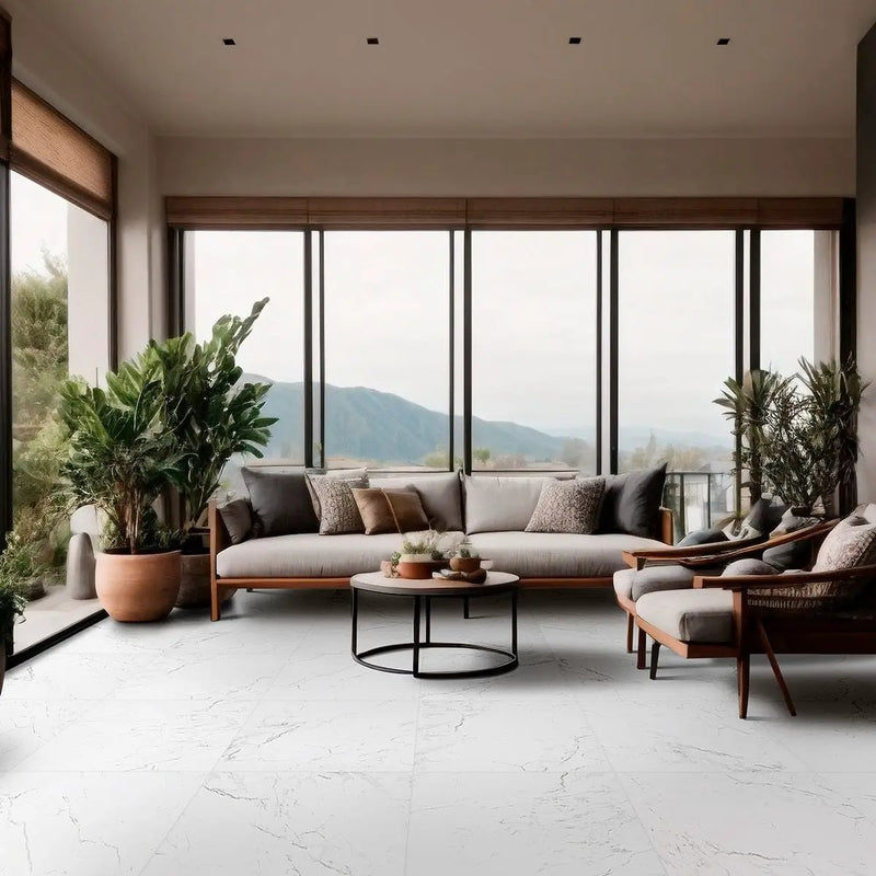 Pietra Carrara Matte Marble Look Porcelain Mosaics 2x2 in a finished room