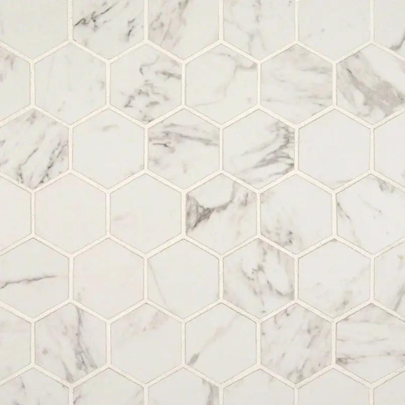 Pietra Carrara Matte Hexagon Marble Look Porcelain Mosaics 2x2 close up