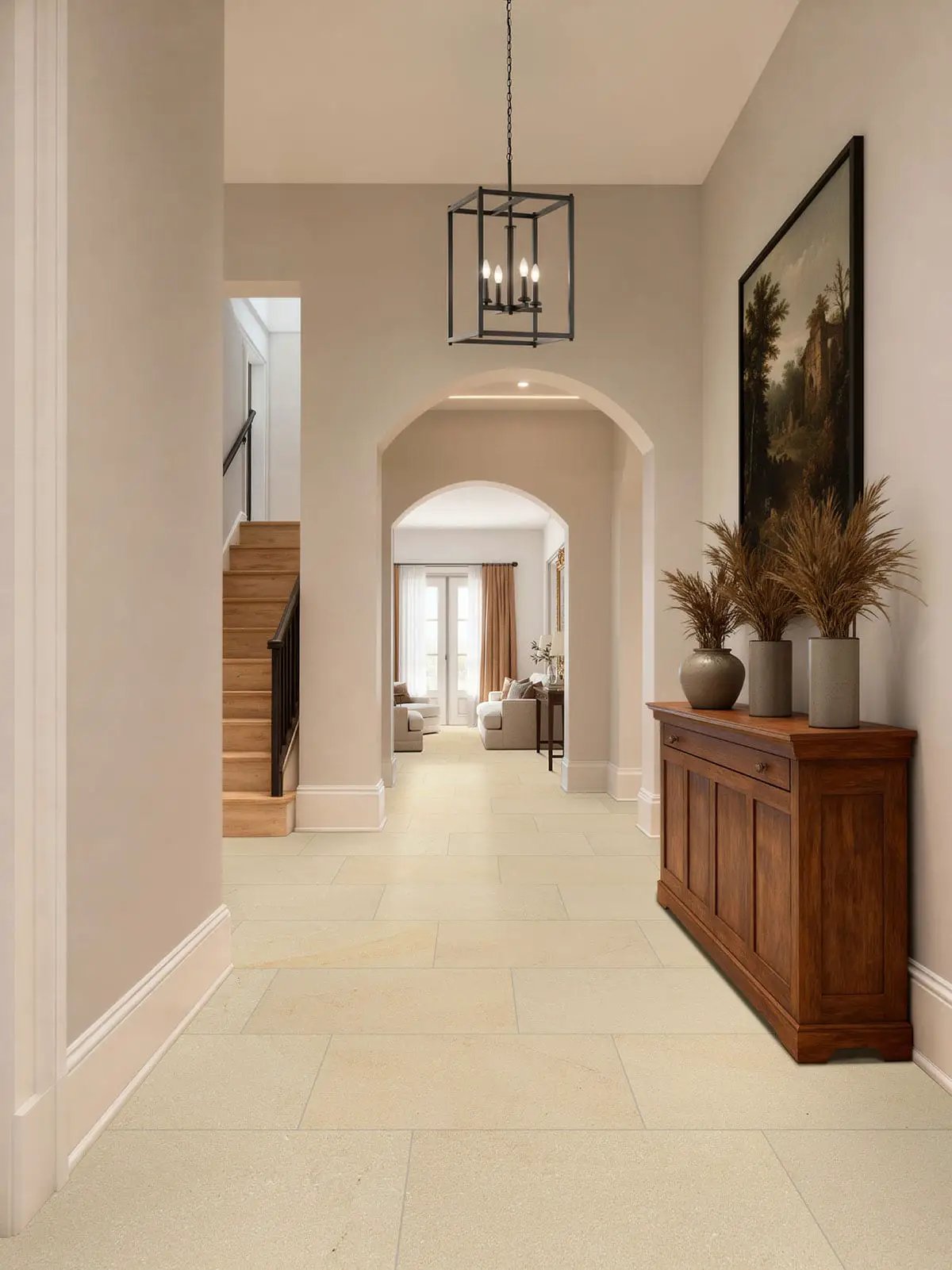 Chateau Luna Blanc Lappato Limestone Look Porcelain Tiles 12x24 in a finished room