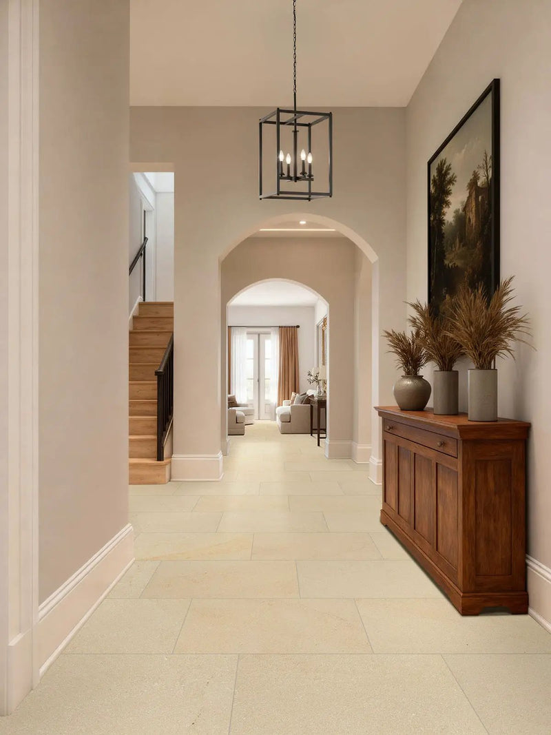Chateau Luna Blanc Lappato Limestone Look Porcelain Tiles 12x24 in a finished room