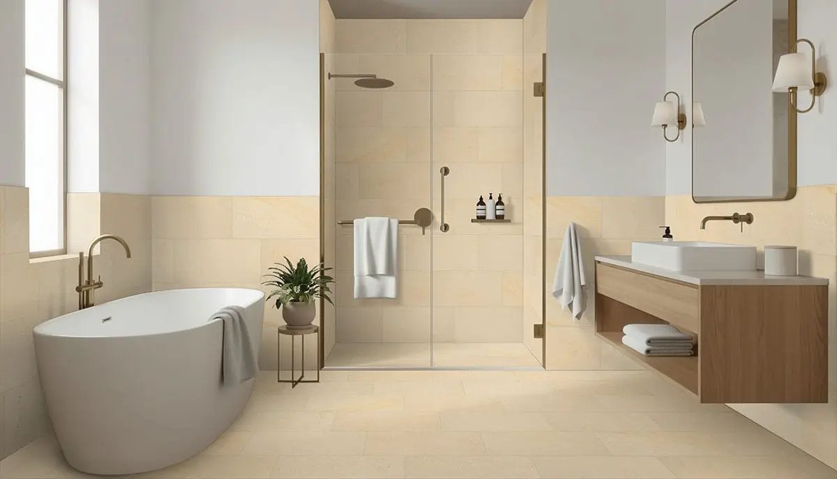 Chateau Luna Blanc Lappato Limestone Look Porcelain Tiles 12x24 in a finished room