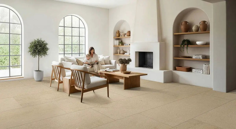 Chateau Luna Blanc Lappato Limestone Look Porcelain Tiles 12x24 in a finished room