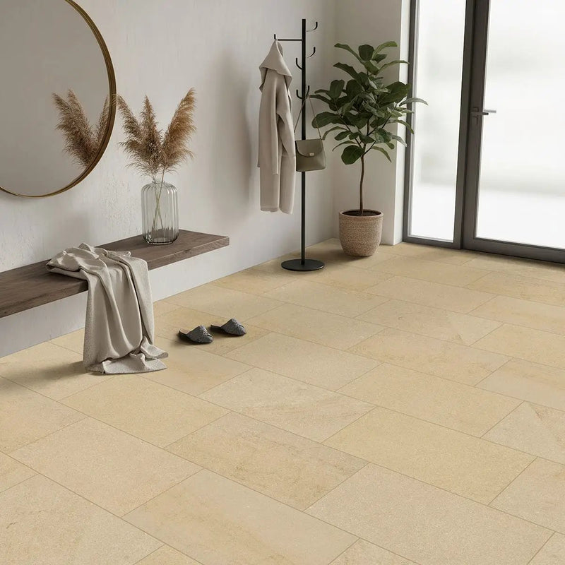 Chateau Luna Sable Lappato Limestone Look Porcelain Tiles 24x48 in a finished room