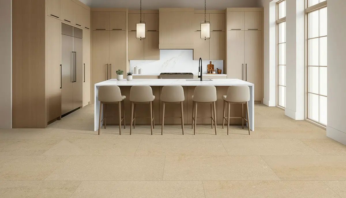 Chateau Luna Sable Lappato Limestone Look Porcelain Mosaics 2x2 in a finished room