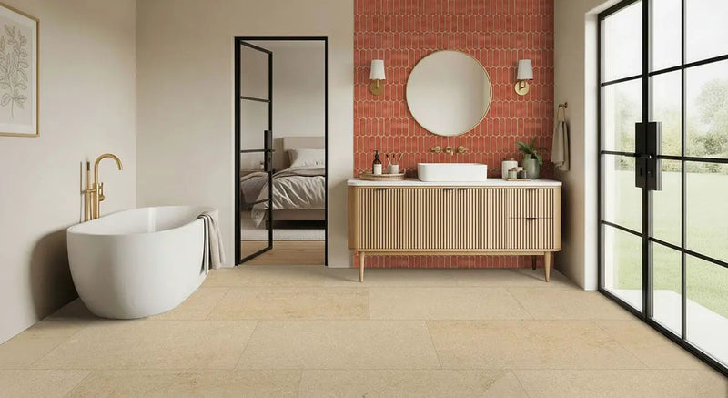 Chateau Luna Sable Lappato Limestone Look Porcelain Tiles 12x24 in a finished room