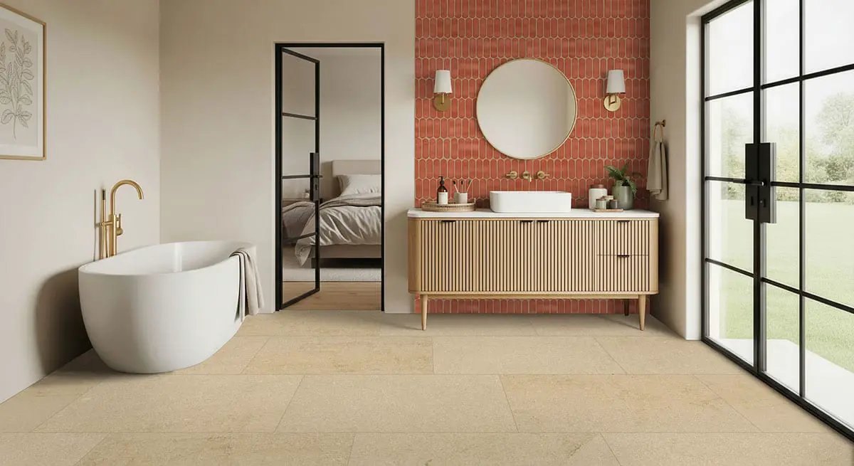 Chateau Luna Sable Lappato Limestone Look Porcelain Mosaics 2x2 in a finished room