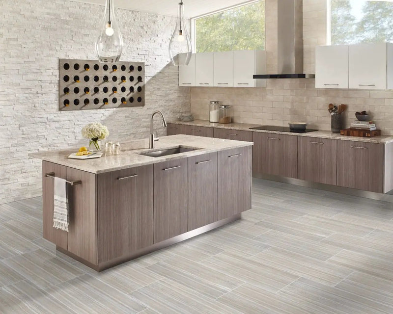 Essentials Charisma Silver Matte Bullnose Limestone Look Ceramic Moldings 3x18 in a finished room