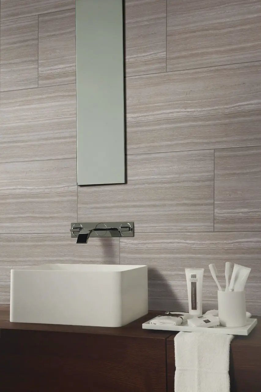Essentials Charisma Silver Matte Limestone Look Ceramic Tiles 2x2 in a finished room