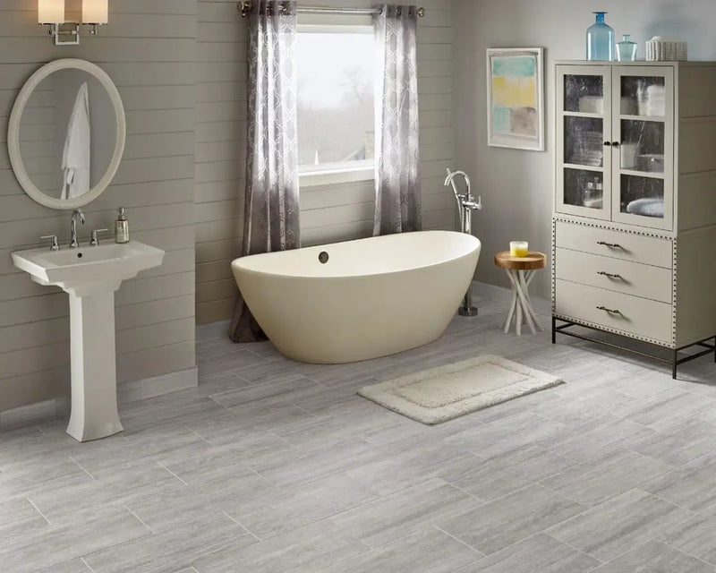 Essentials Charisma White Matte Bullnose Limestone Look Ceramic Moldings 3x18 in a finished room