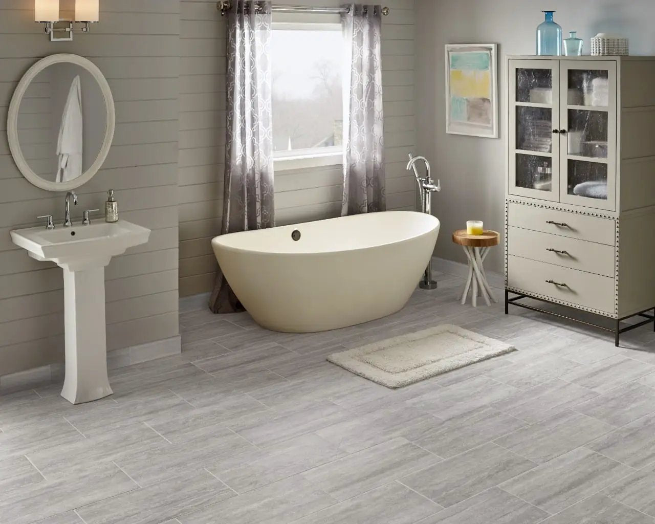 Essentials Charisma White Matte Limestone Look Ceramic Mosaics 2x2 in a finished room