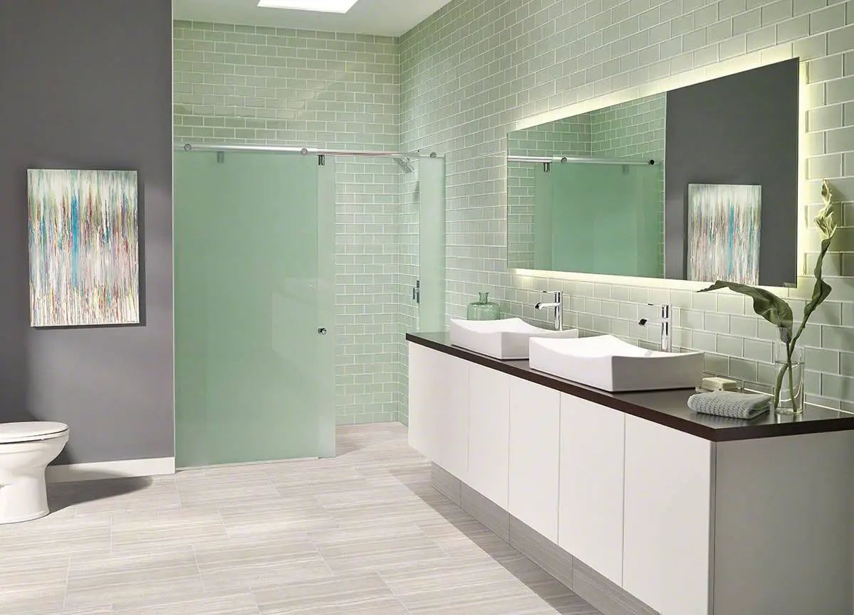 Essentials Charisma White Matte Limestone Look Ceramic Tiles 12x24 in a finished room