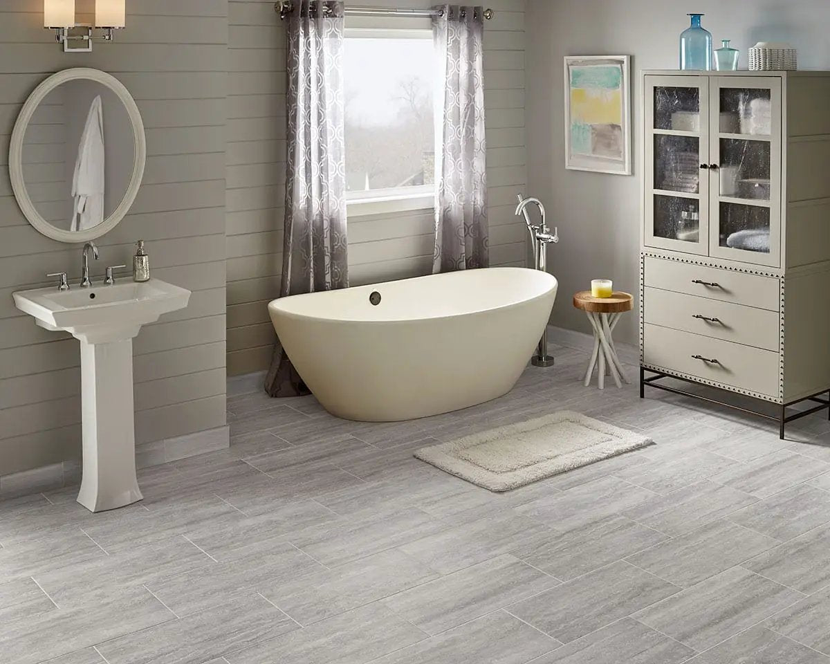 Essentials Charisma White Matte Limestone Look Ceramic Mosaics 2x2 in a finished room