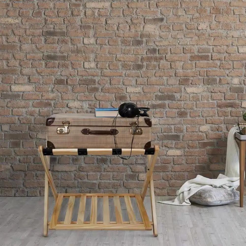 Solid Wood Luggage Rack with Bottom Storage Shelf in Natural with Black Straps by HomePacific