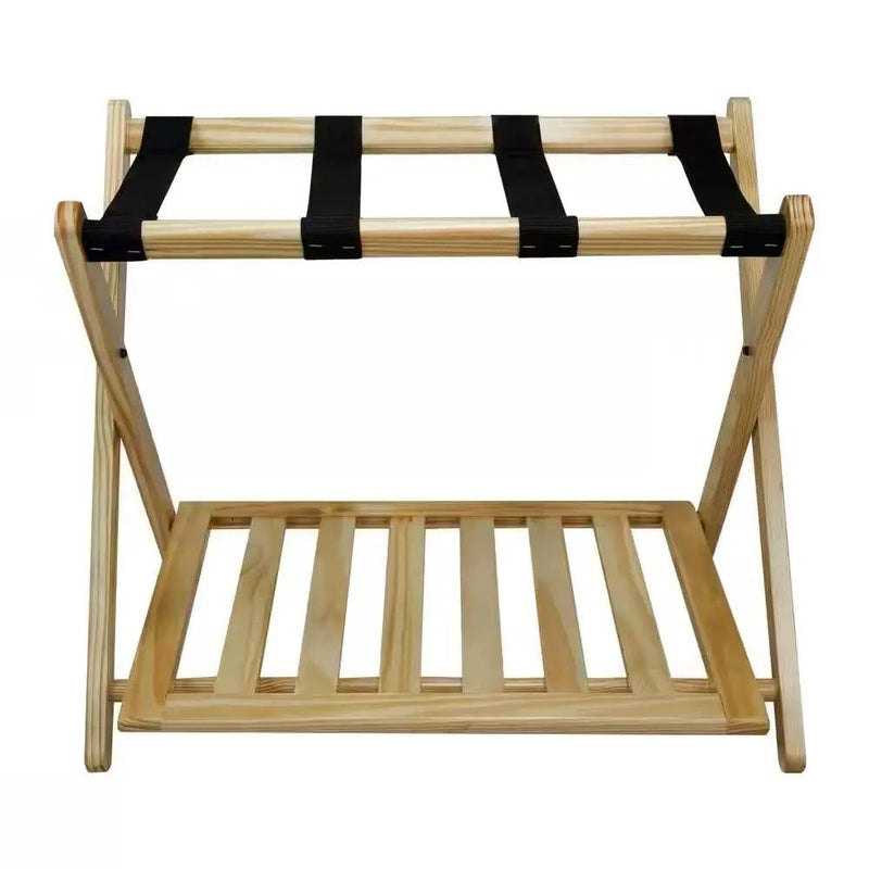 Solid Wood Luggage Rack with Bottom Storage Shelf in Natural with Black Straps by HomePacific