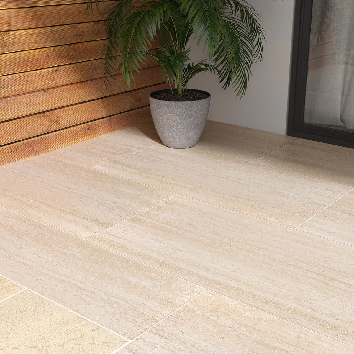 Cordova Avorio Matte Travertine Look Porcelain Pavers 24x48 in a finished room