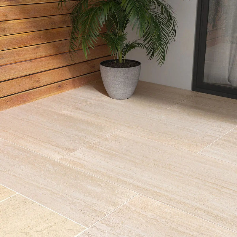 Cordova Avorio Matte Travertine Look Porcelain Pavers 24x48 in a finished room