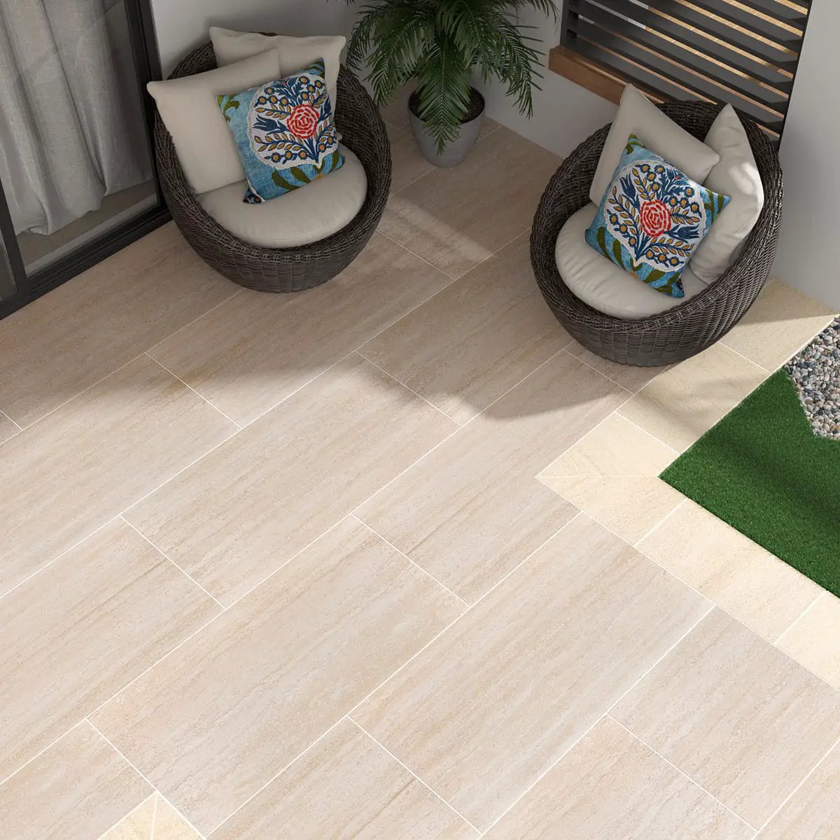 Cordova Avorio Matte Travertine Look Porcelain Tiles 24x48 in a finished room