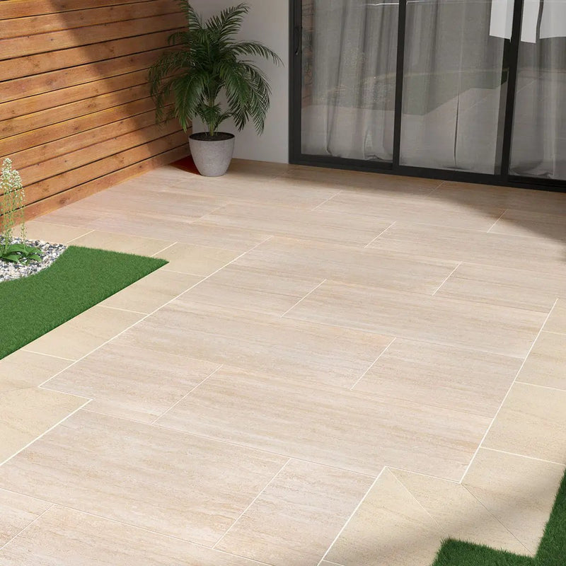 Cordova Avorio Matte Travertine Look Porcelain Tiles 24x48 in a finished room