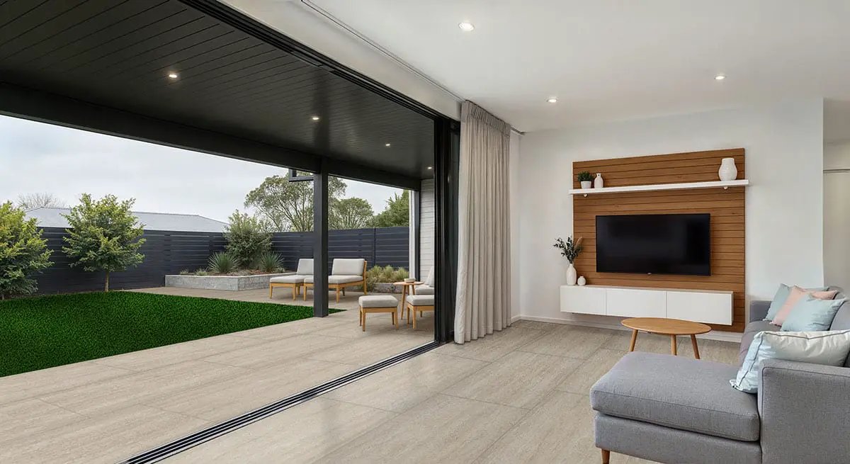 Cordova Avorio R11 Matte Travertine Look Porcelain Tiles 24x48 in a finished room