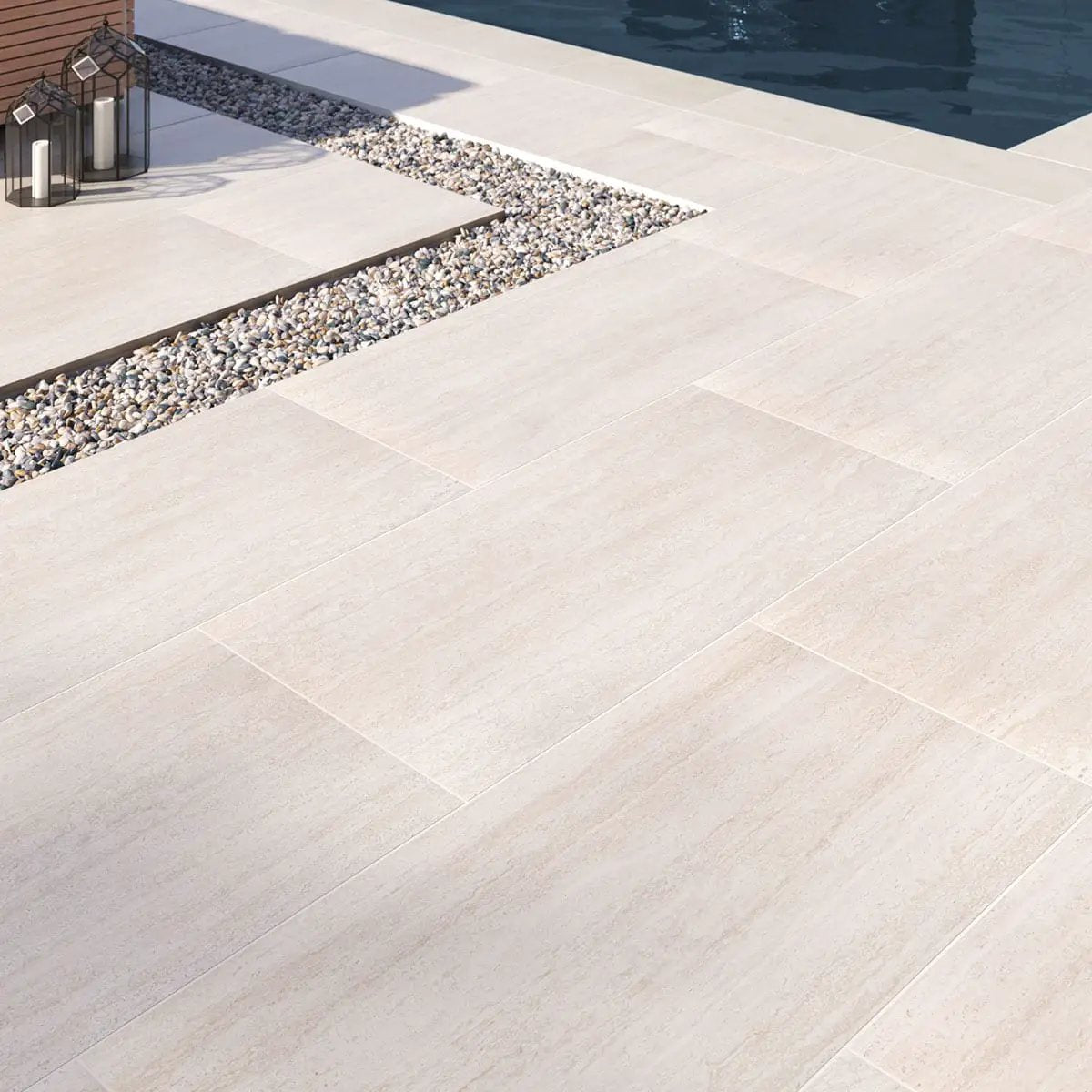 Cordova Lablanca Matte Travertine Look Porcelain Pavers 24x48 in a finished room