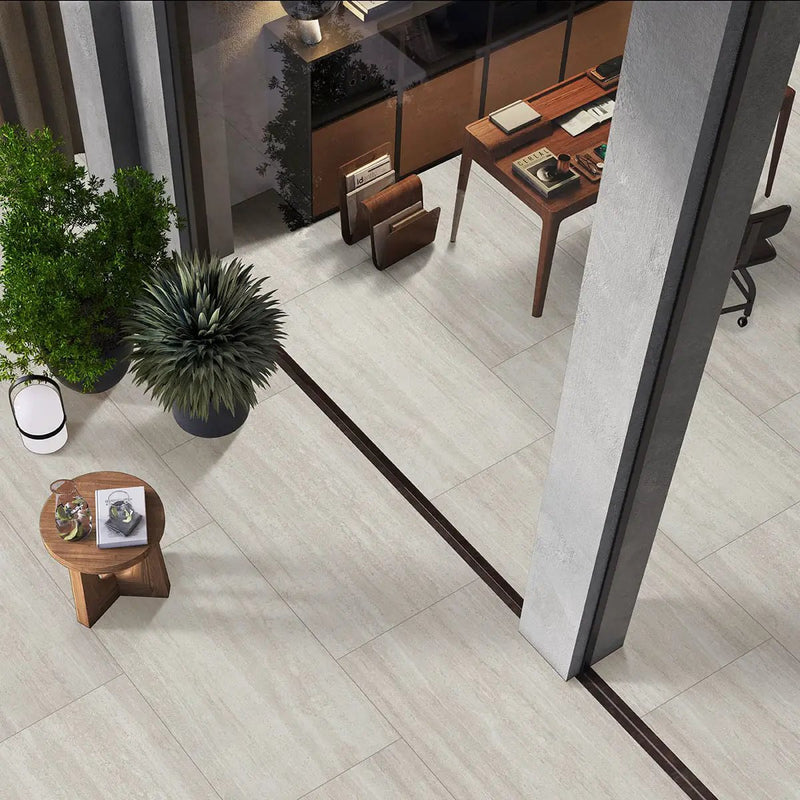 Cordova Lablanca R11 Matte Travertine Look Porcelain Tiles 24x48 in a finished room