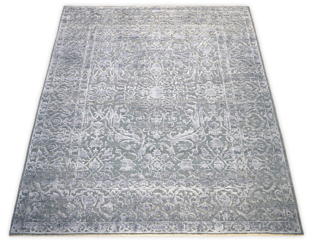 Modern Silver And Gray Hand Knotted Bamboo Silk 8x10 Area Rug by The Rug Decor