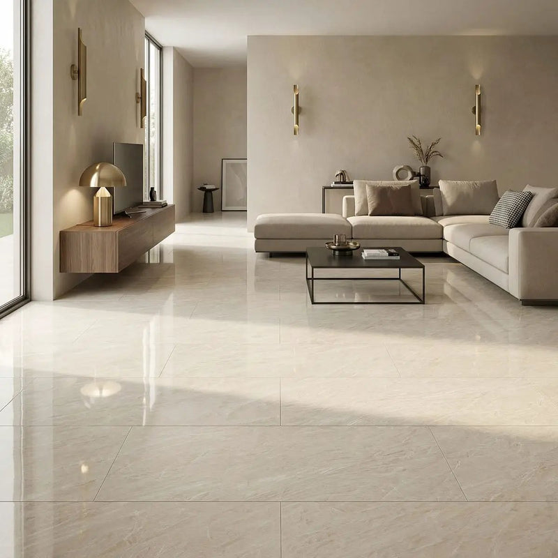 Exotika Cristaline Polished Porcelain Tiles 24x48 in a finished room