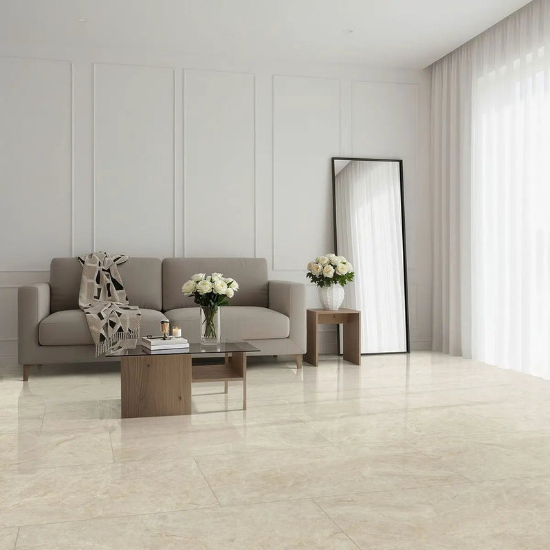Exotika Crystal Taj Polished Porcelain Tiles 24x48 in a finished room
