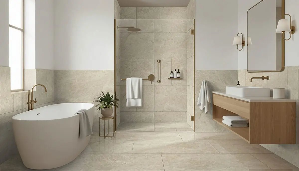 Exotika Crystal Taj Polished Porcelain Tiles 24x48 in a finished room