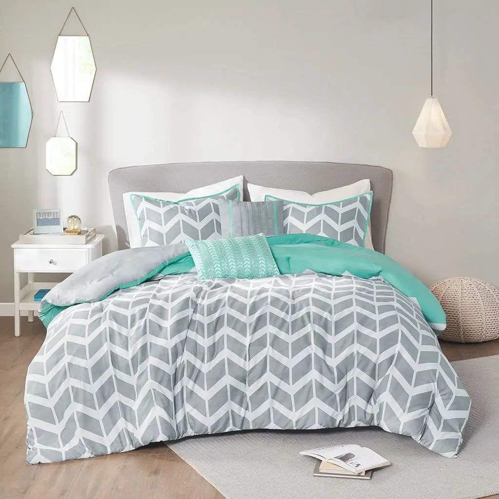 King size Reversible Comforter Set in Grey White Aqua Teal Chevron Stripe by HomePacific