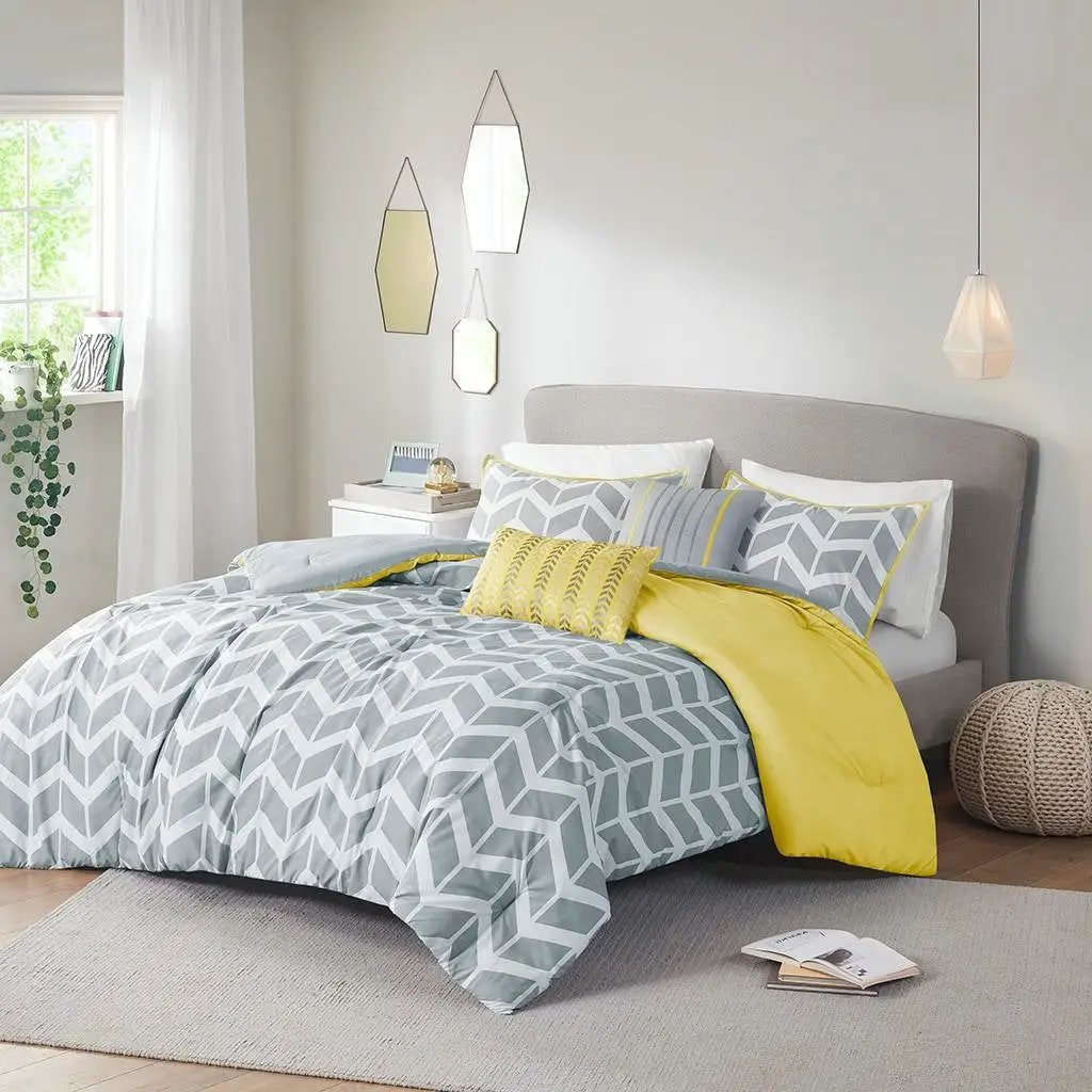 King / Cal King Reversible Comforter Set in Grey White Yellow Chevron Stripe by HomePacific