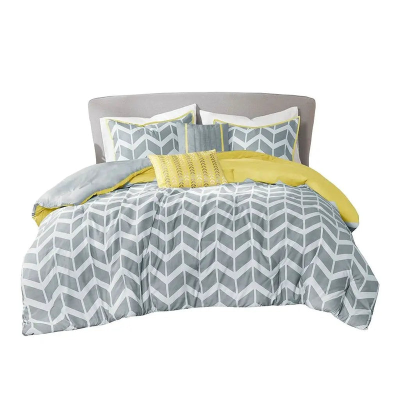 King / Cal King Reversible Comforter Set in Grey White Yellow Chevron Stripe by HomePacific