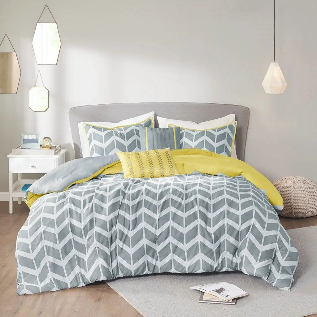 King / Cal King Reversible Comforter Set in Grey White Yellow Chevron Stripe by HomePacific