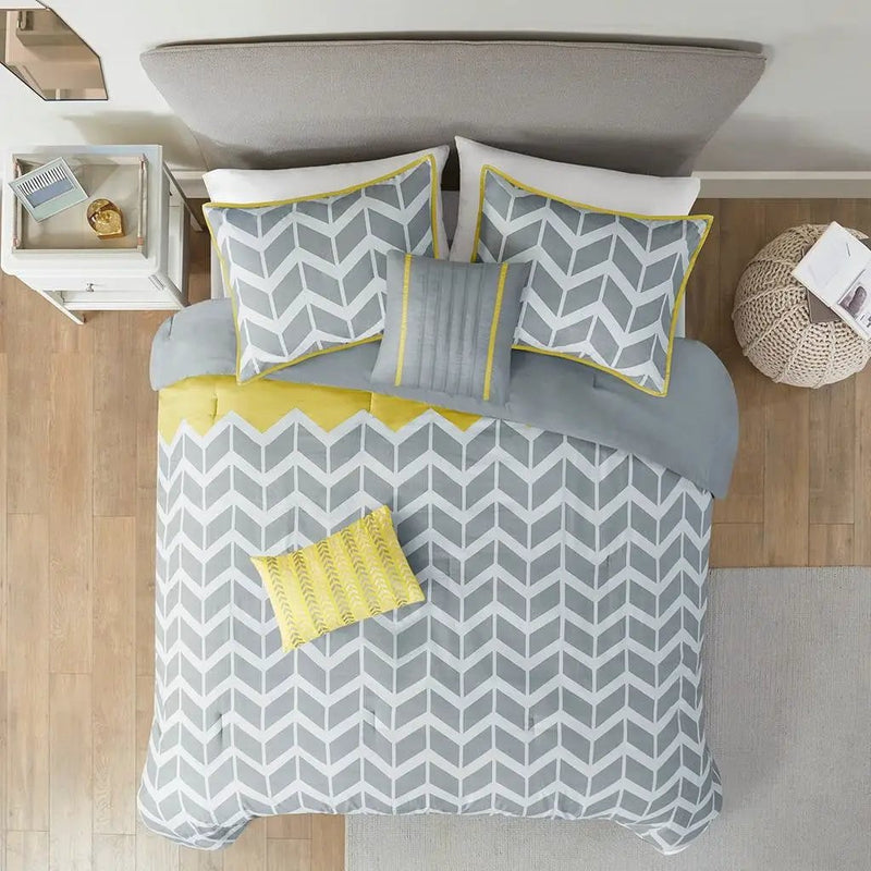 King / Cal King Reversible Comforter Set in Grey White Yellow Chevron Stripe by HomePacific