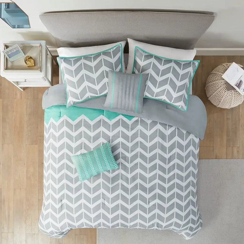 Twin/Twin XL Reversible Comforter Set in Grey White Aqua Teal Chevron Stripe by HomePacific