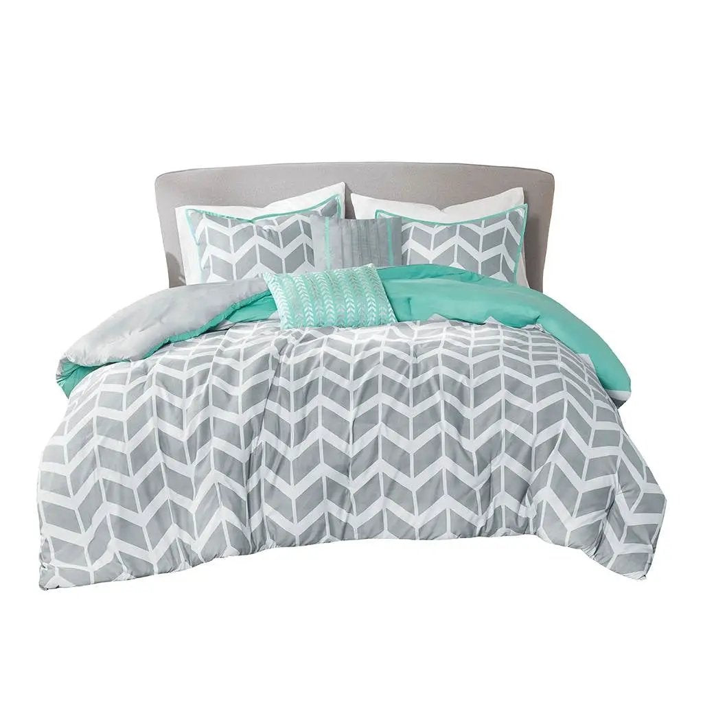 Twin/Twin XL Reversible Comforter Set in Grey White Aqua Teal Chevron Stripe by HomePacific