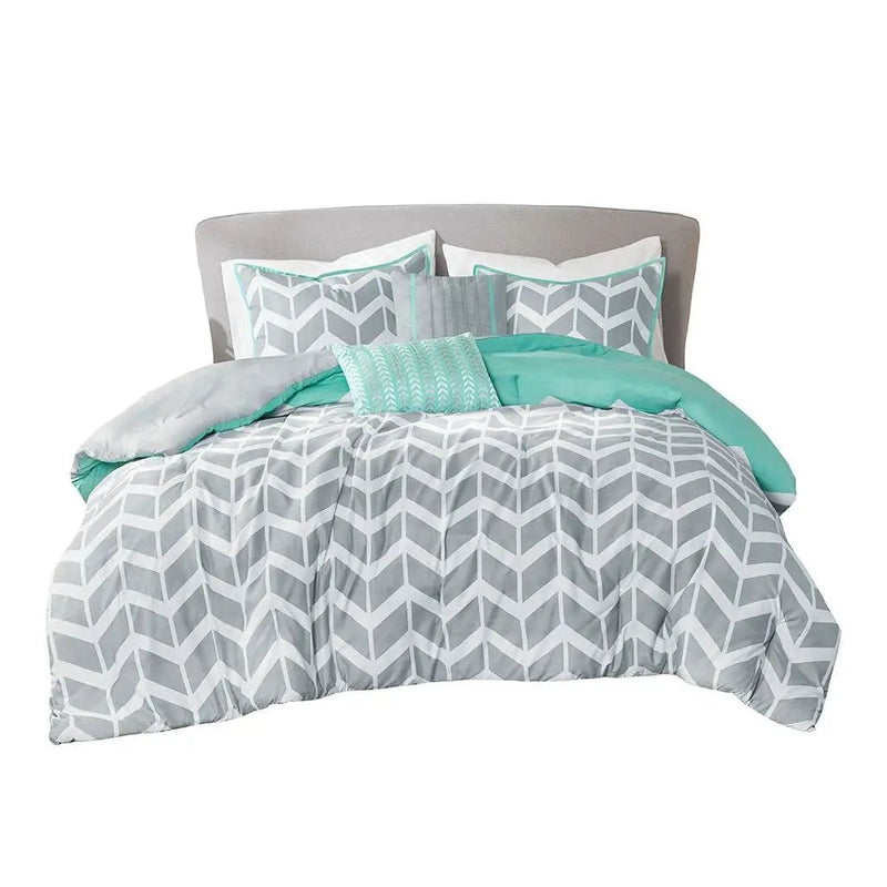 Twin/Twin XL Reversible Comforter Set in Grey White Aqua Teal Chevron Stripe by HomePacific