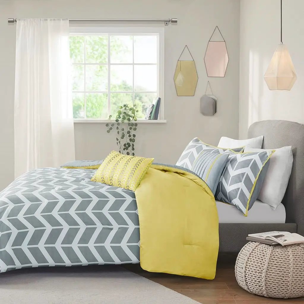 Twin / Twin XL Reversible Comforter Set in Grey White Yellow Chevron Stripe by HomePacific