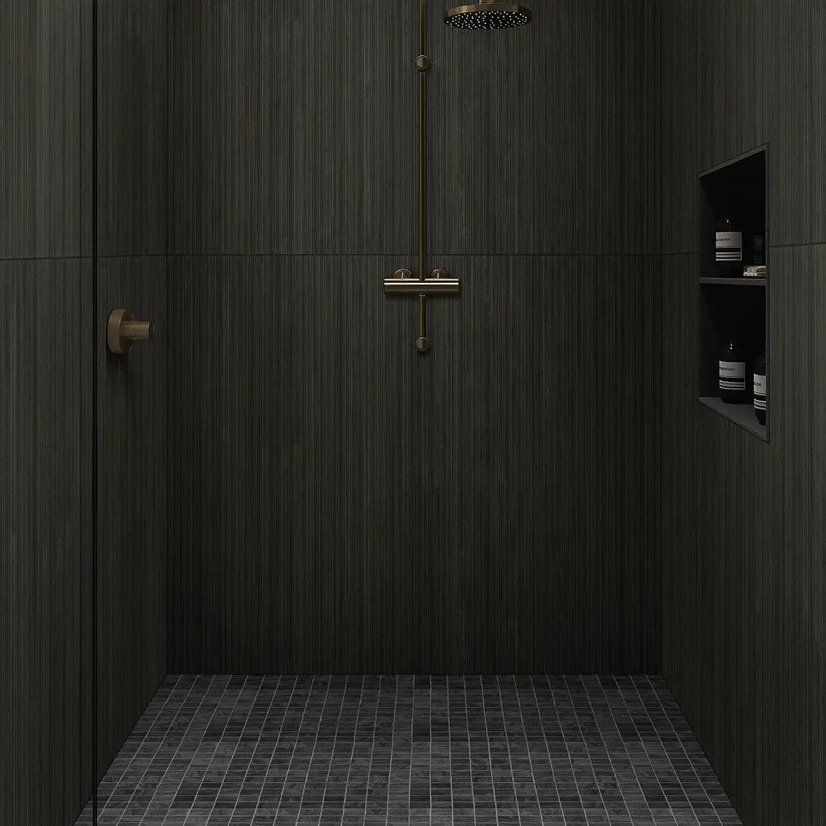 Durban Anthracite Polished Porcelain Tiles 12x24 in a finished room