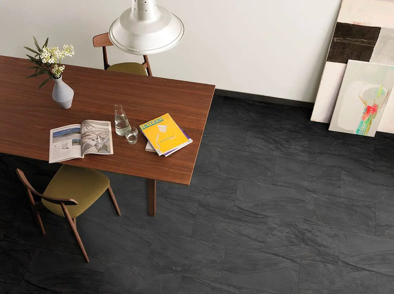 Durban Anthracite Polished Porcelain Tiles 12x24 in a finished room