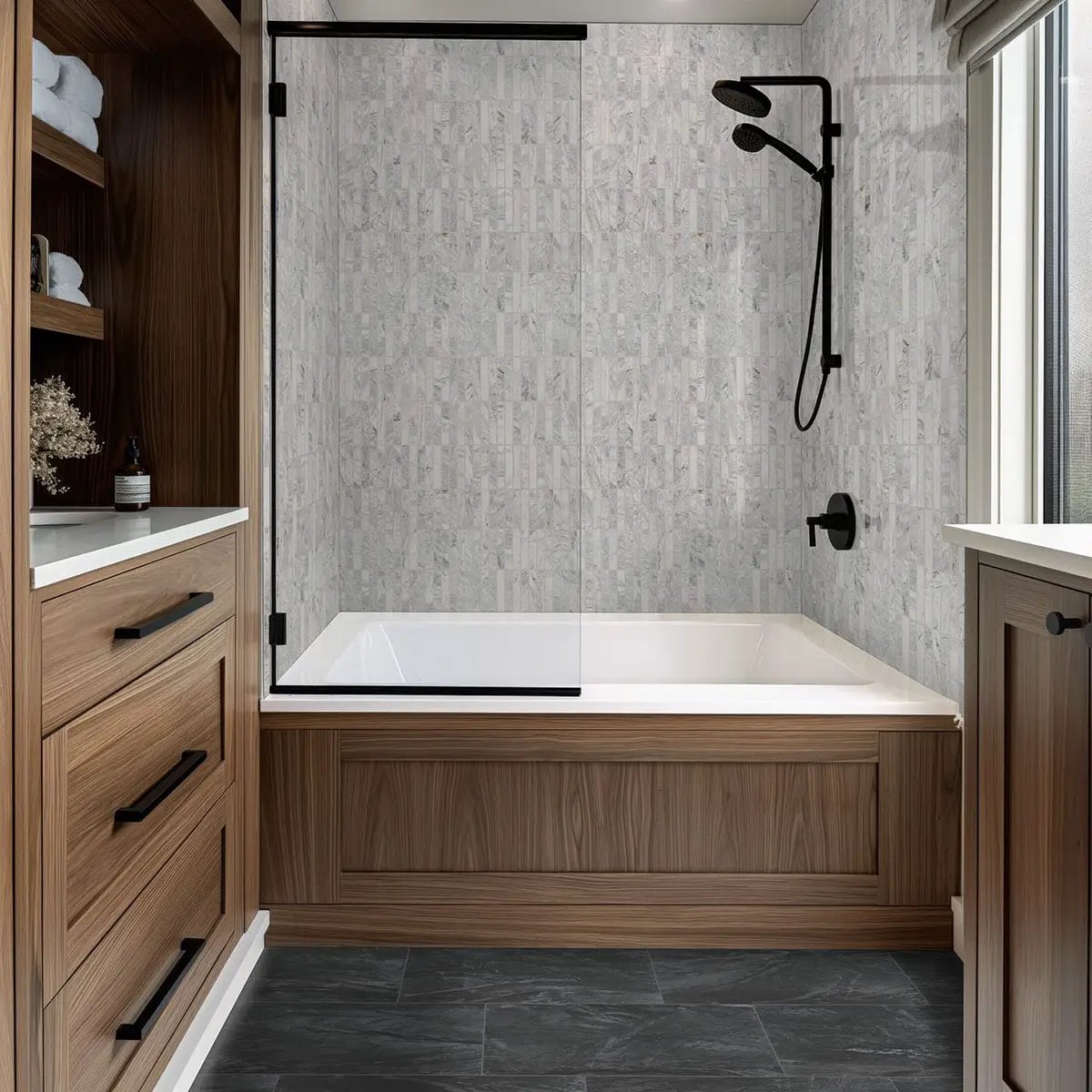 Durban Anthracite Matte Bullnose Porcelain Moldings 3x24 in a finished room