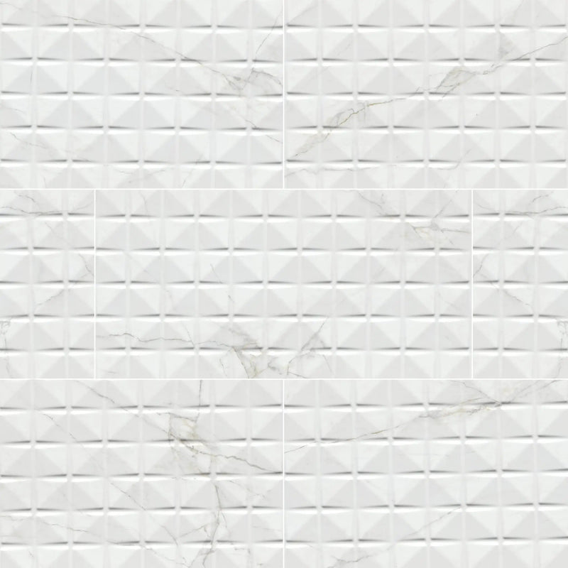 Dymo Calacatta White 12x24 Glossy Ceramic Tiles close up