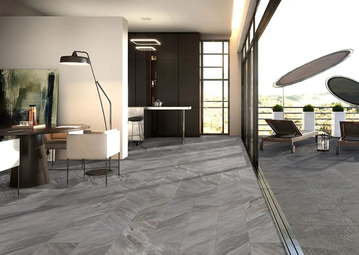 Eden Bardiglio Matte Marble Look Porcelain Tiles 24x24 in a finished room
