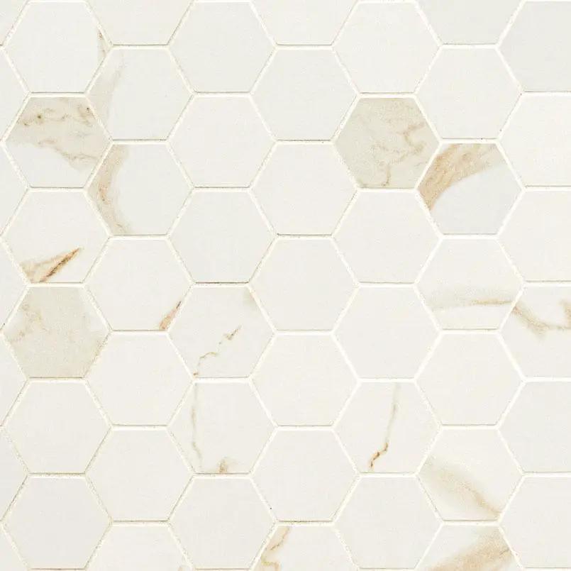 Eden Calacatta Matte Hexagon Marble Look Porcelain Mosaics 2x2 close up