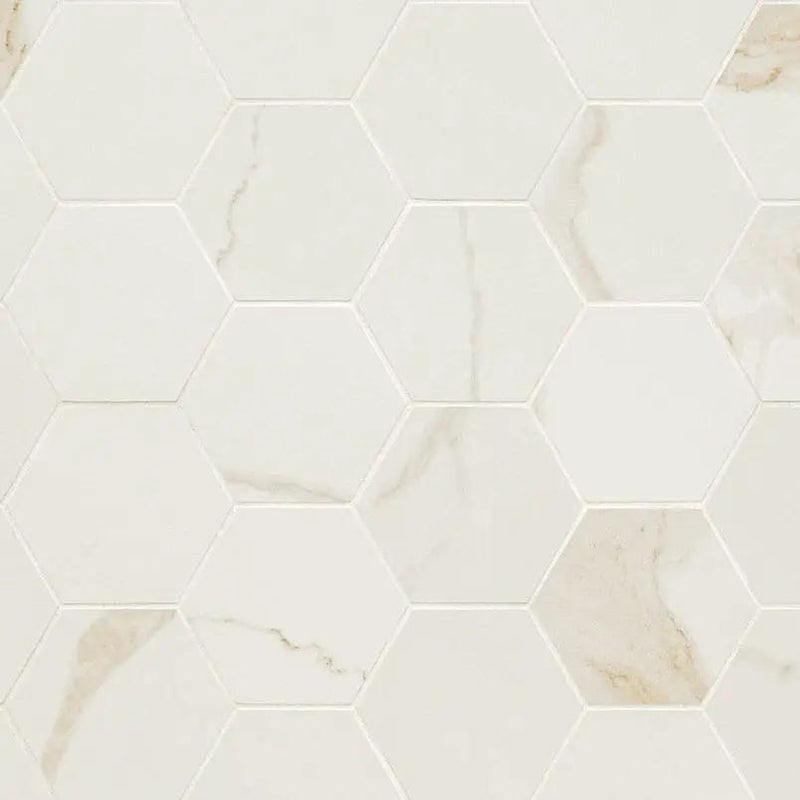 Eden Calacatta Matte Hexagon Marble Look Porcelain Mosaics 3x3 close up
