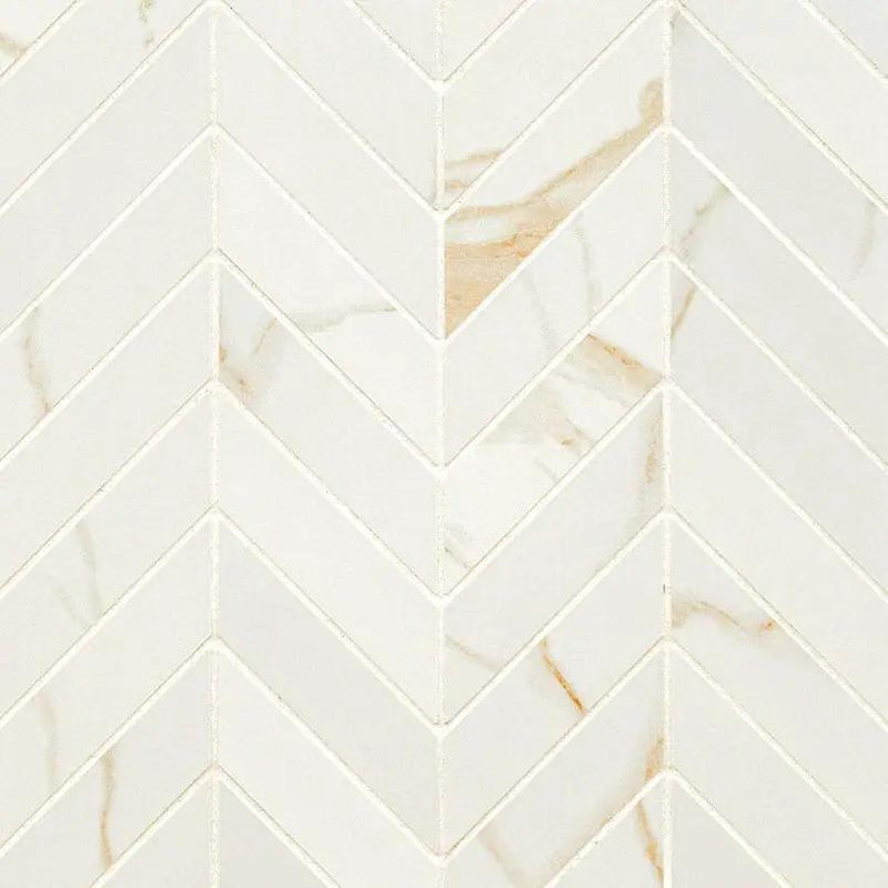 Eden Calacatta Matte Chevron Marble Look Porcelain Mosaics 12x15 close up