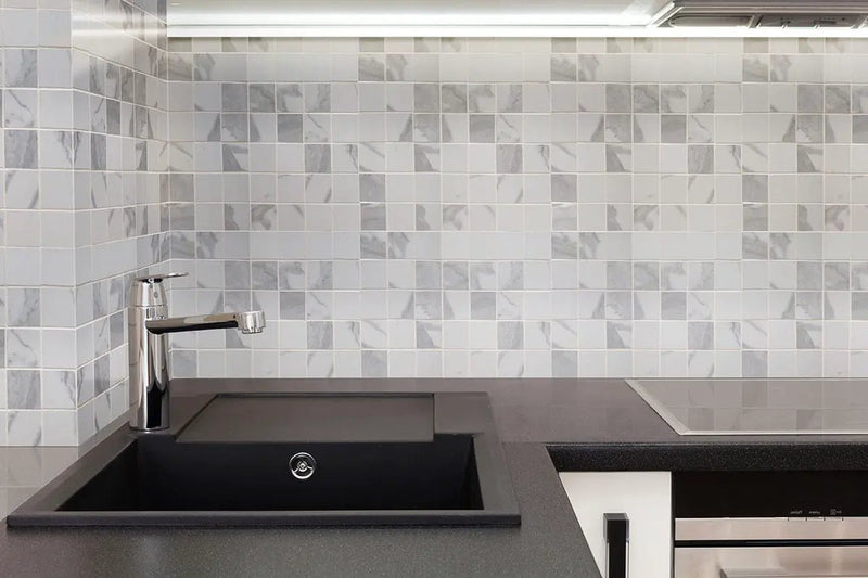 Eden Statuary Matte Marble Look Porcelain Mosaics 2x2 2 in a finished room