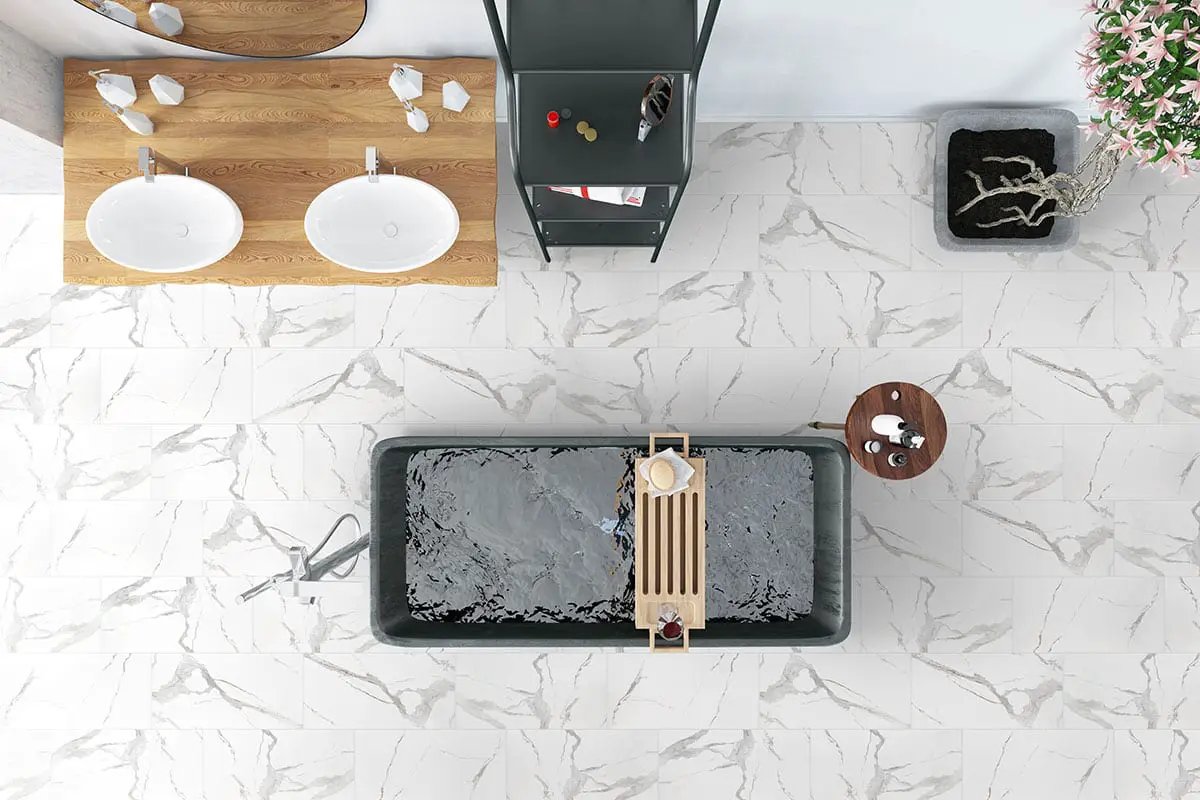 Eden Statuary Matte Marble Look Porcelain Mosaics 2x2 2 in a finished room